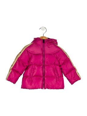 Gucci Baby Girl Pink Down Puffer Coat GG Web Hood Size 9-12 Months